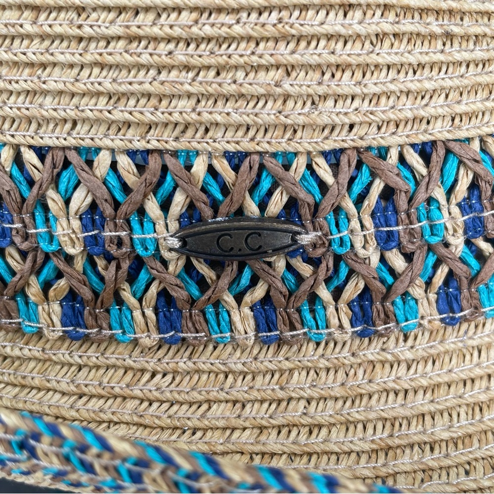 C.C Straw Fedora Hat with Turquoise and Purple Trim - Picture 4 of 11